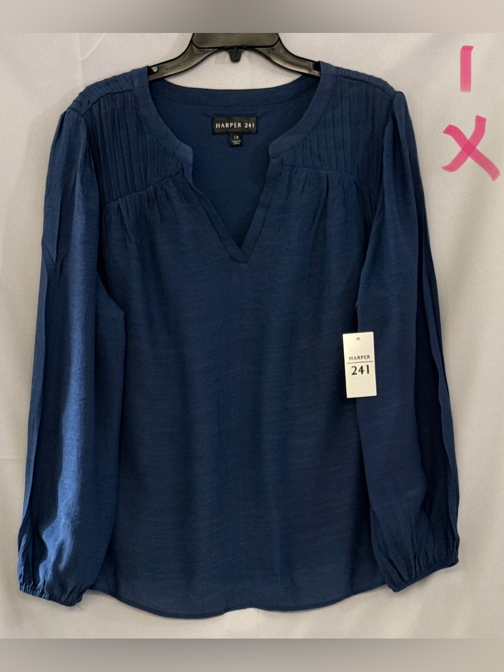 Harper Navy Pintuck V‑Neck Long Sleeve Blouse